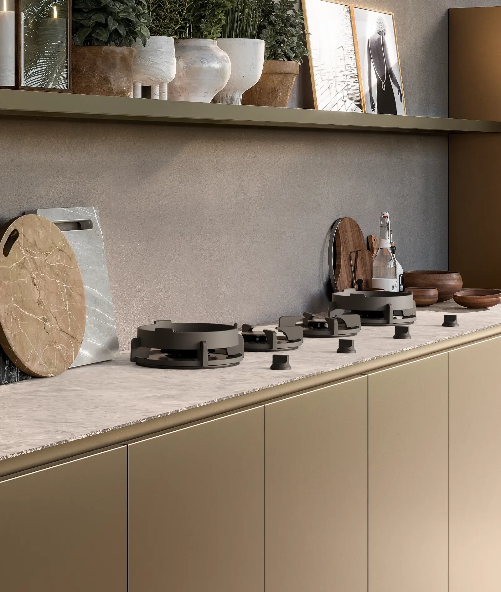 PITT Cooking burners set directly into a stone counter