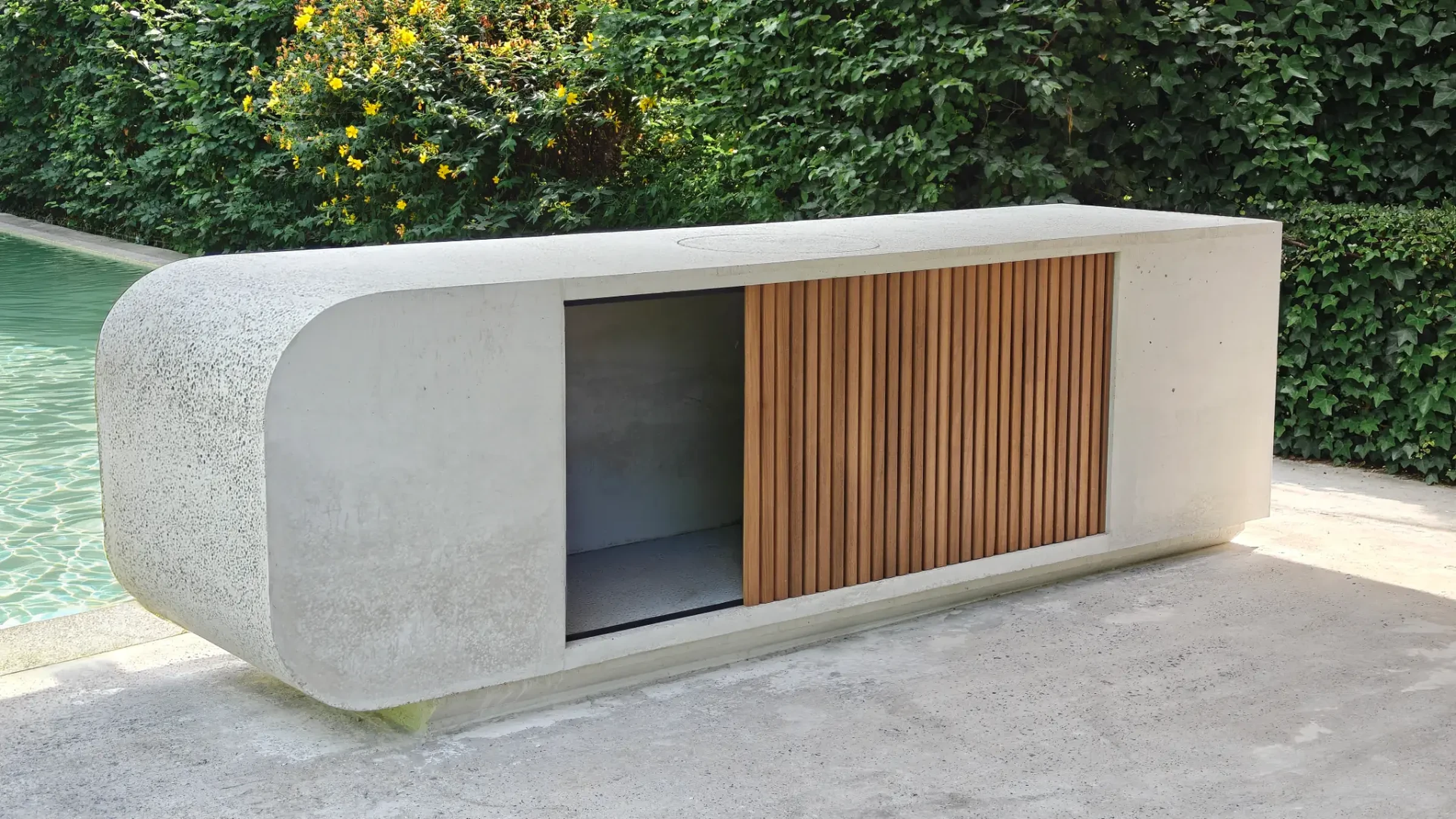 The rear face of ISF 002 with a screen of oiled oak slats sliding open over the storage bay
